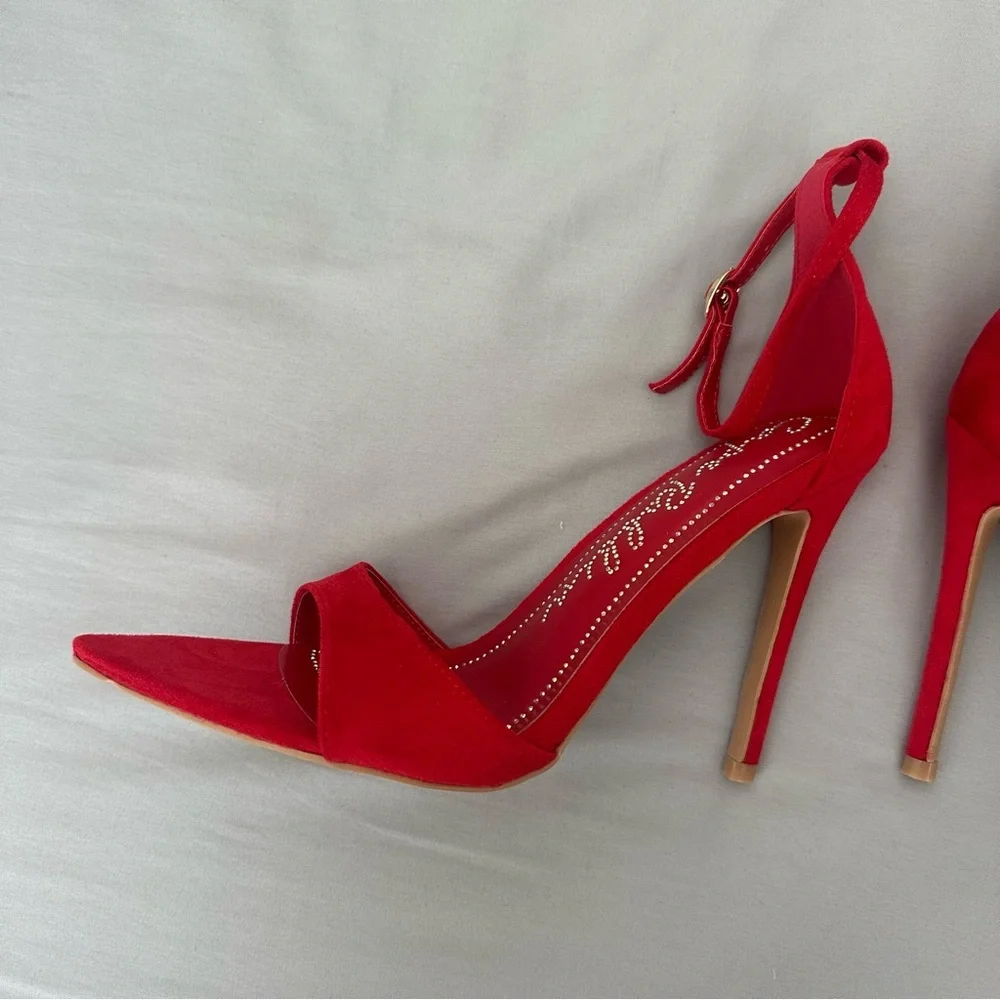 Cape Robbin Red Ankle-Strap Suede Heel Sandals
